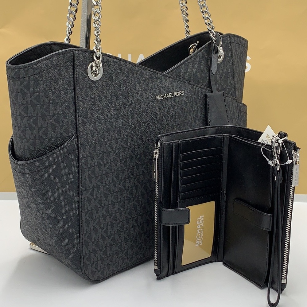 MICHAEL KORS LARGE X CHAIN SHOULDER TOTE & LARGE DOUBLE ZIP WALLET BLACK… - Picture 1 of 16